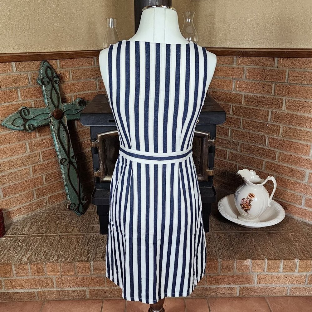 J. Crew Factory Blue and White Striped Jumper Dress Cotton and Linen Blend Sz 0 - Picture 2 of 5